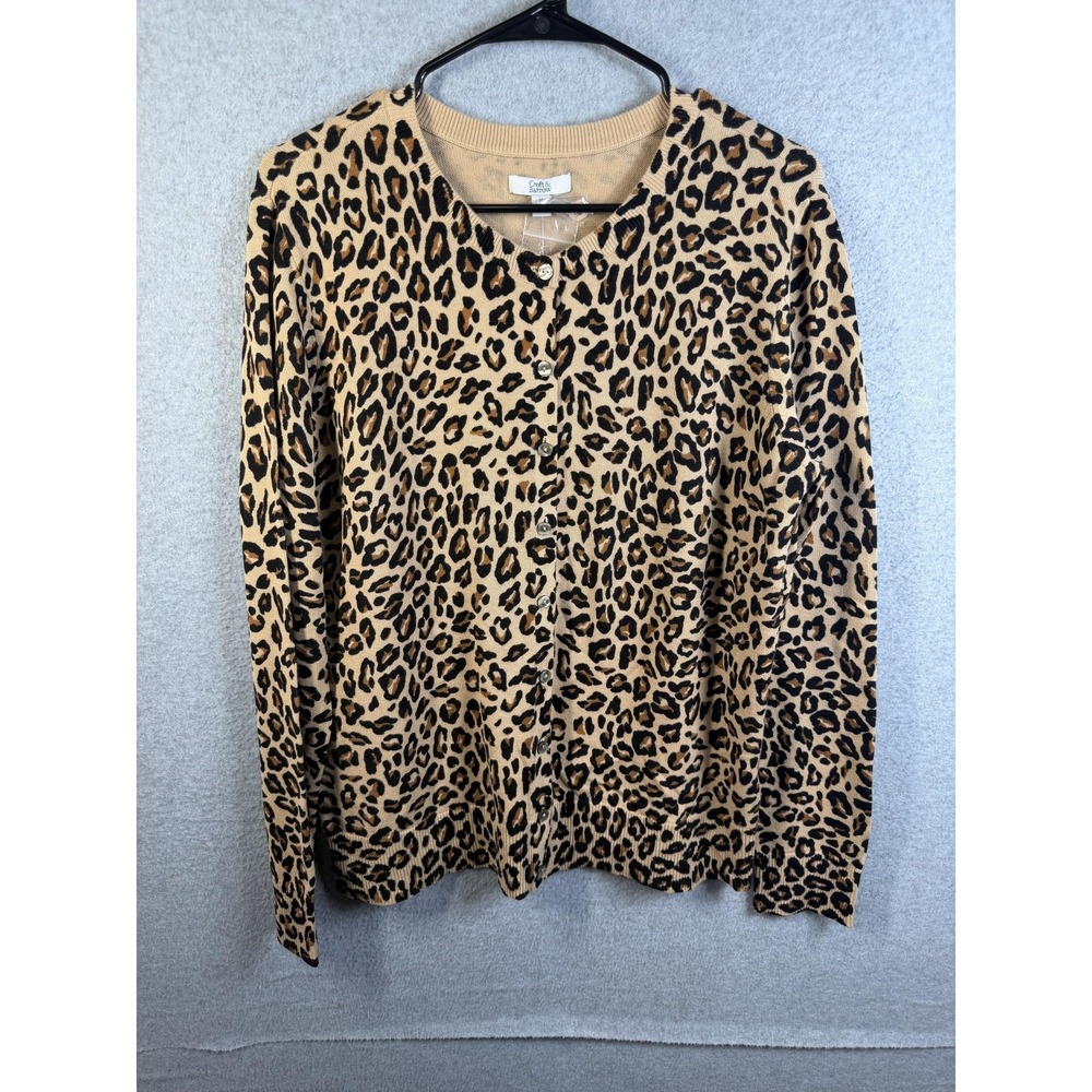 Croft & Barrow Cardigan Sweater Womens Medium Beige Leopard Print Button Front